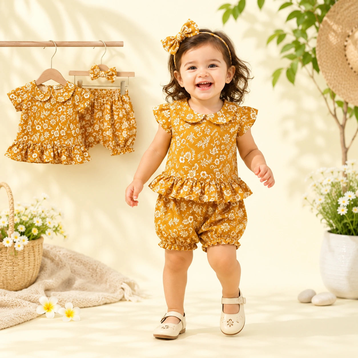 A toddler girl stands smiling in a matching yellow floral romper set, with the same outfit hanging on hangers behind her. The scene is styled with flowers, a basket, and soft warm lighting, so this is Lifestyle rather than Product/Packaging because a real person is present.