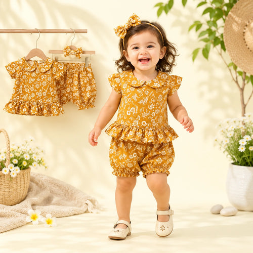 A toddler girl stands smiling in a matching yellow floral romper set, with the same outfit hanging on hangers behind her. The scene is styled with flowers, a basket, and soft warm lighting, so this is Lifestyle rather than Product/Packaging because a real person is present.