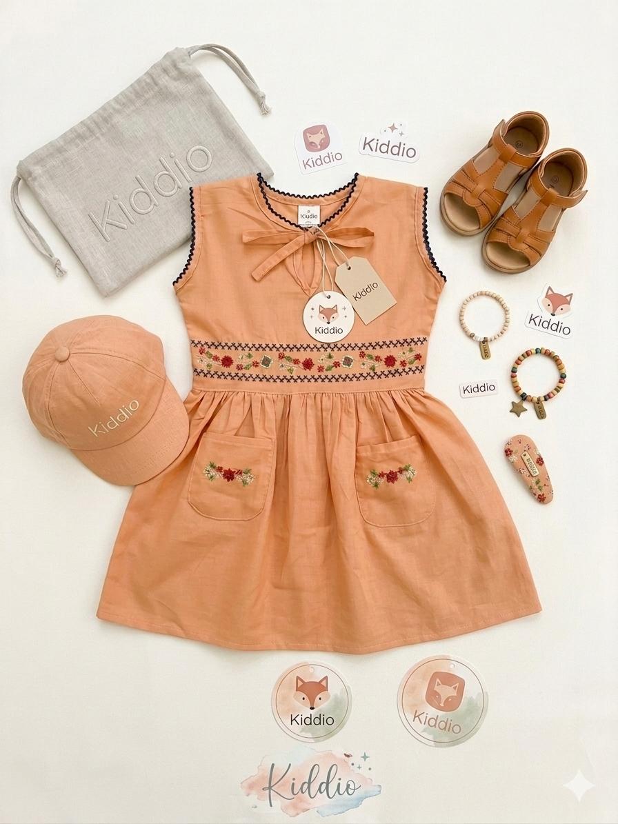Children's outfit with dress, hat, shoes, and accessories on a white background with Kiddie brand visible.
