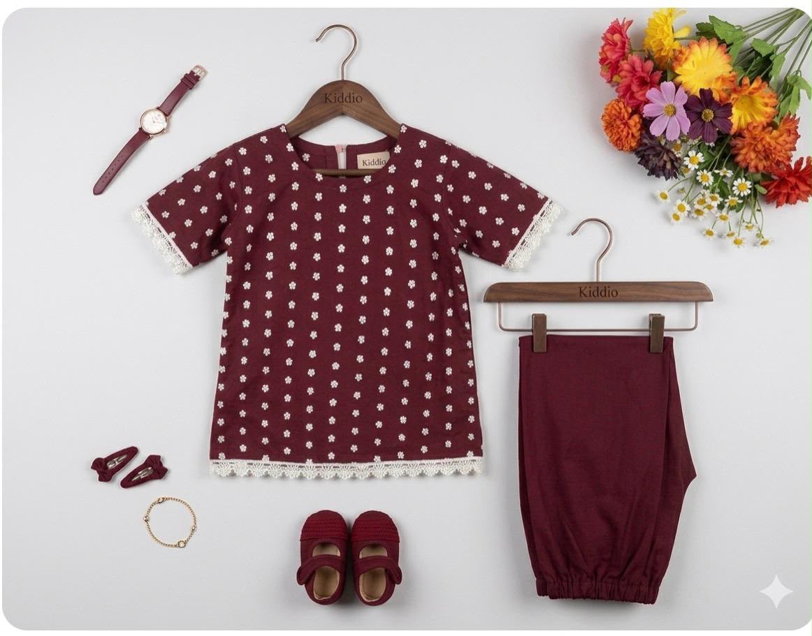 A children's outfit set laid out on a light gray background, including a burgundy short-sleeve top with white polka dots and lace trim, matching burgundy pants, burgundy shoes, a burgundy wristwatch, and a gold bracelet. Two wooden hangers branded 'Kalu' are visible.