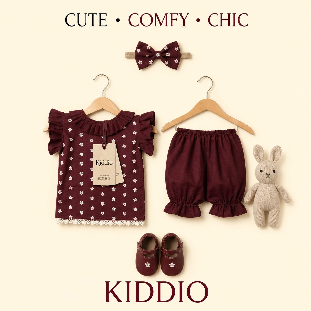 A baby girl's outfit set on a cream background, featuring a dark burgundy short-sleeve top with white daisy print and ruffles, matching bloomers, a bow headband, a plush bunny toy, and baby shoes. The brand name 'KIDDIO' is printed at both the top and bottom.