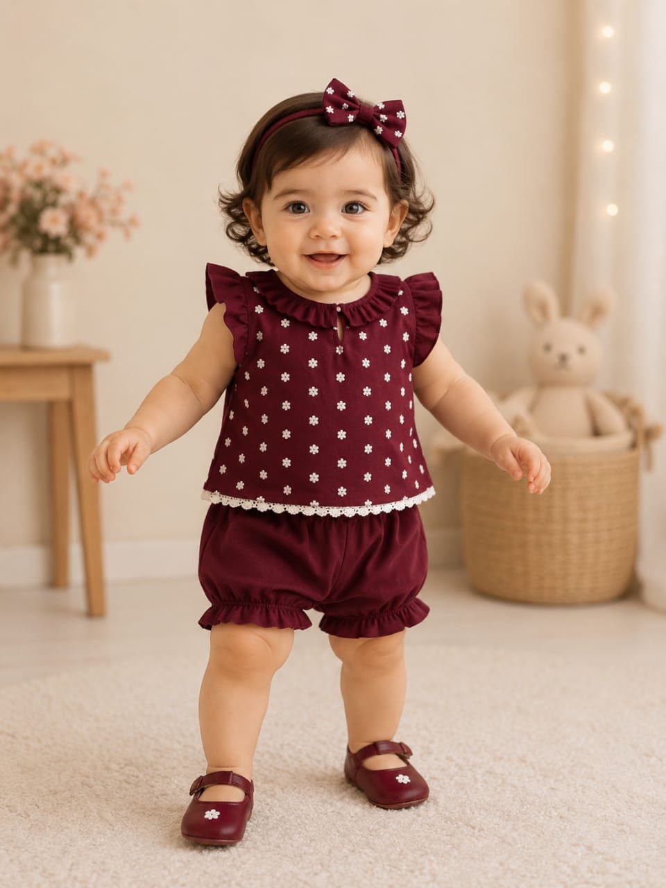 A baby girl wearing a burgundy two-piece outfit with white floral polka dots, ruffled sleeves, and matching ruffled shorts, along with a matching bow headband and burgundy shoes, standing in a cozy room.
