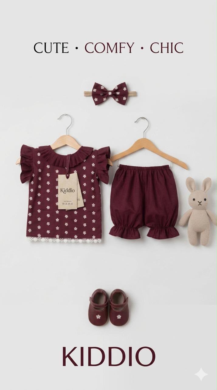 A baby outfit set displayed on hangers against a light gray background, featuring a burgundy and white polka-dot top, matching shorts, a bow headband, baby shoes, and a plush bunny toy. The brand name KIDDIO is visible on the tag and at the bottom.