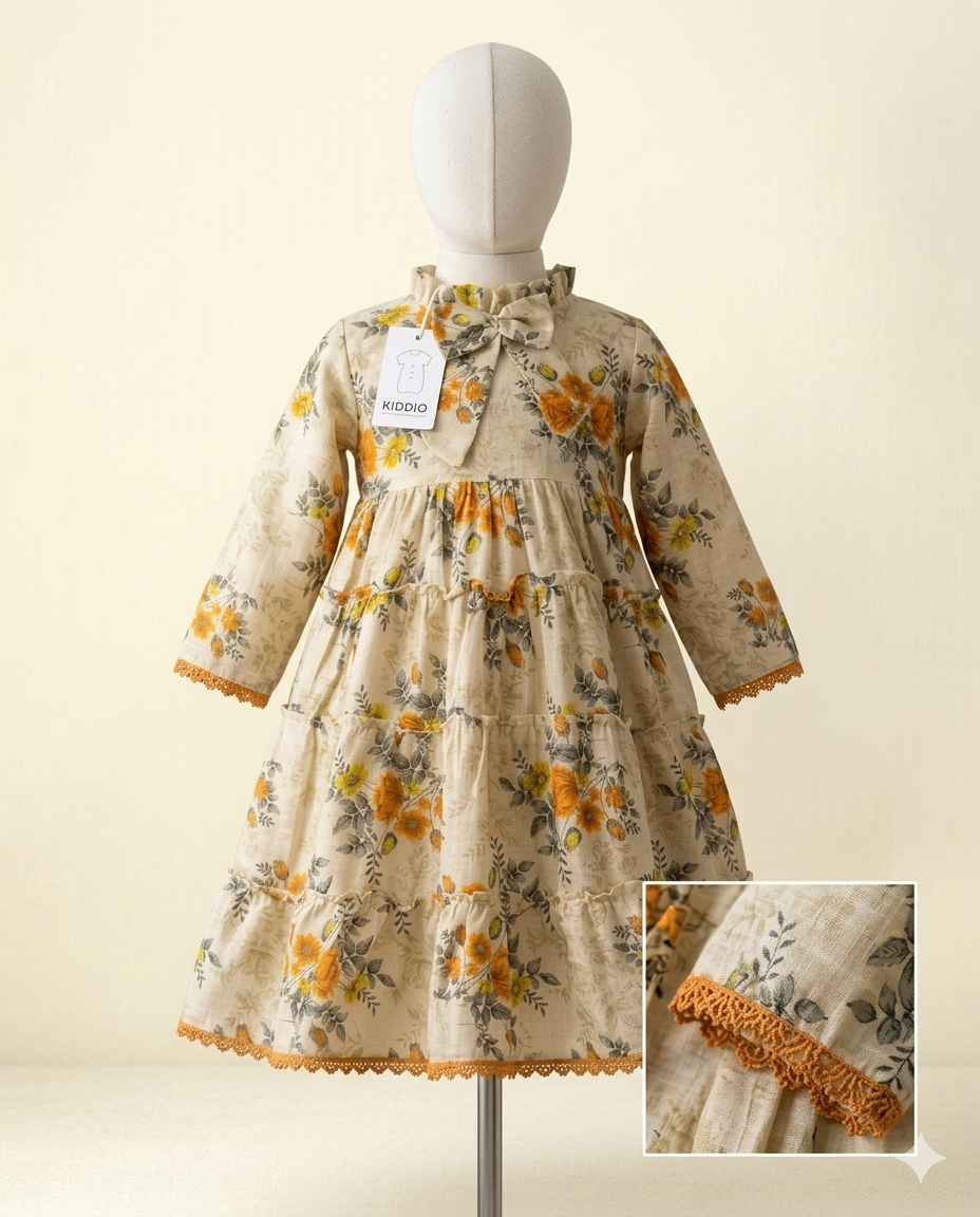 A cream-colored toddler dress with a yellow and green floral print, displayed on a mannequin. The dress features a tiered skirt, three-quarter sleeves, and a ruffled collar with a bow.