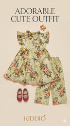 Floral outfit with dress, pants, and shoes on a beige background with 'Kiddio' branding.