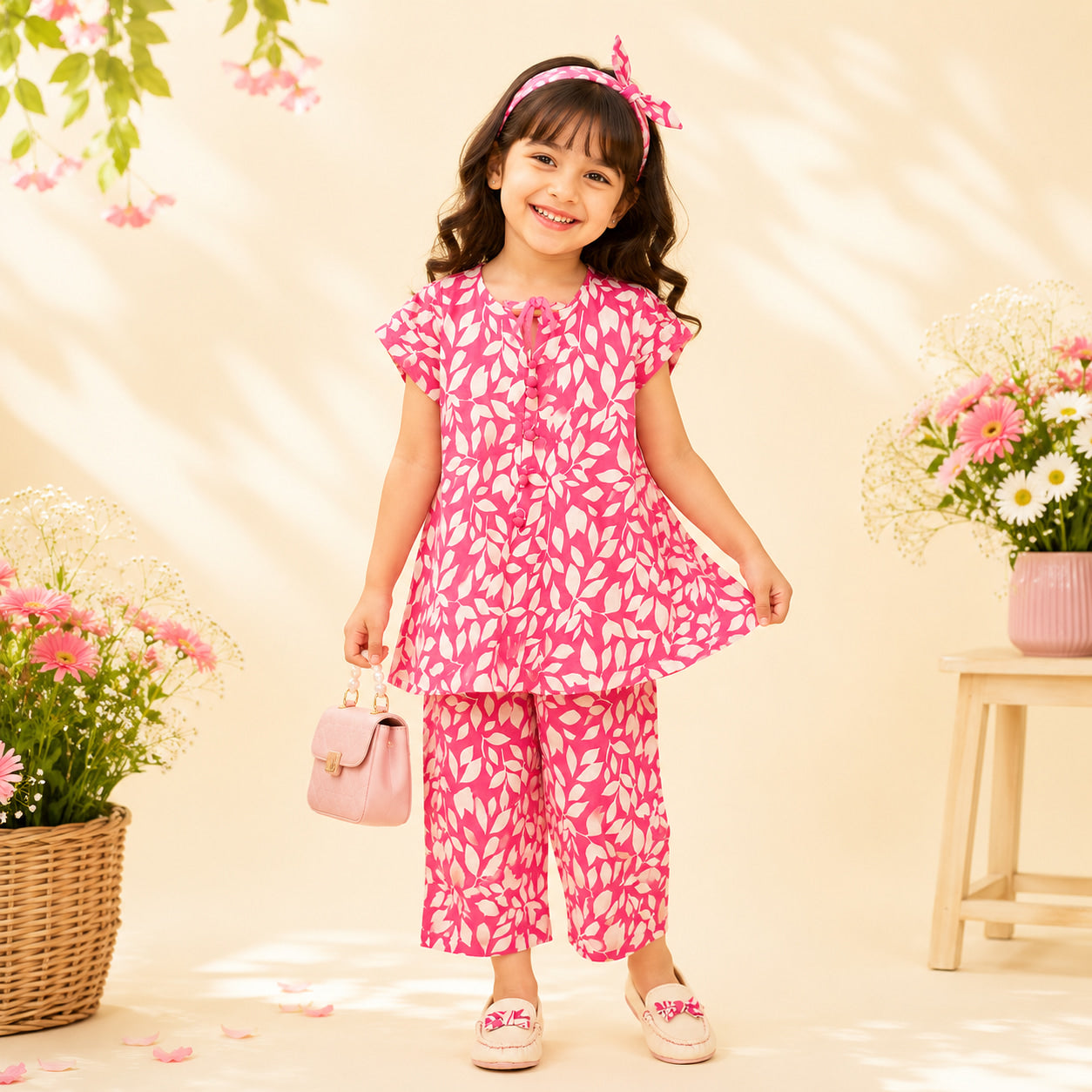 A young girl stands smiling in a pink and white patterned two-piece outfit with a matching headband, holding a small pink handbag. The scene is styled with flowers, a basket, and a small table against a warm cream backdrop.