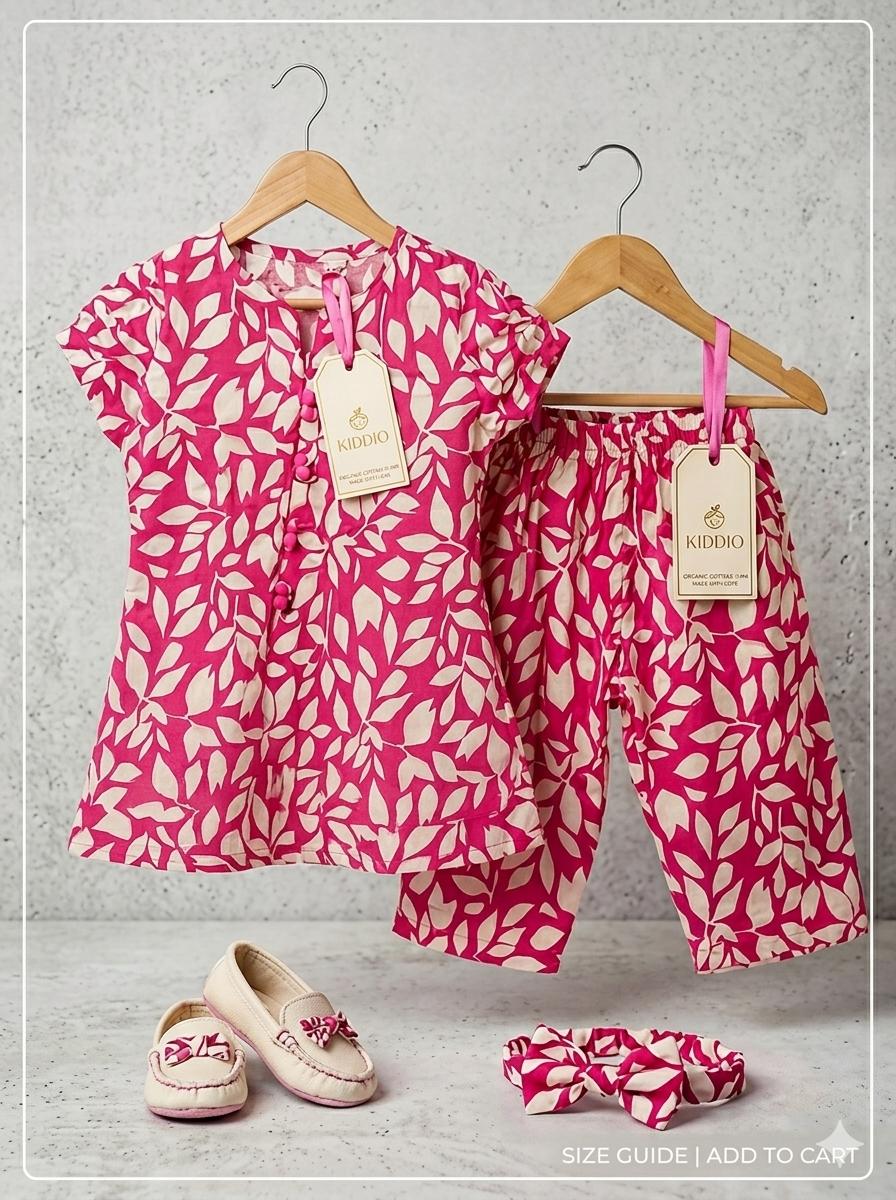 A two-piece children's outfit set on wooden hangers, featuring a short-sleeve top and matching pants in a bright pink and cream leaf pattern. A matching fabric headband and a pair of cream slip-on shoes with pink floral details are displayed below on a textured gray background.