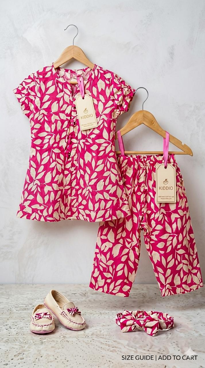 A children's two-piece outfit set hanging on wooden hangers against a light gray wall, featuring a short-sleeve top and matching pants in bright pink and cream with a leaf print. A pair of cream slip-on shoes and a matching cream headband are placed below.