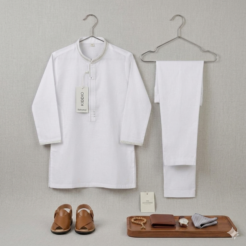 KIDDIO Premium Lawn Boys White Embordered Kurta & Shalwar Set
