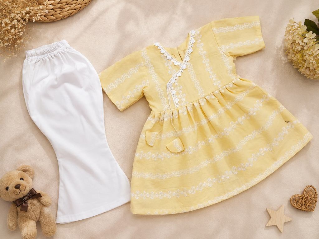 Yellow dress with white trim and white pants on a beige surface with decorative items.