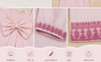 Pink baby clothing detail collage showing a bow with a pearl center, a folded cuff with pink floral lace trim, and a close-up of the embroidered hem. A small label reads 'Kiddo'.