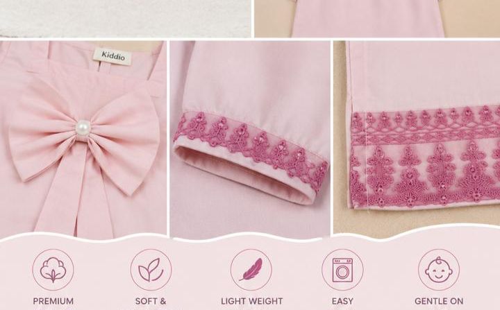 Pink baby clothing detail collage showing a bow with a pearl center, a folded cuff with pink floral lace trim, and a close-up of the embroidered hem. A small label reads 'Kiddo'.
