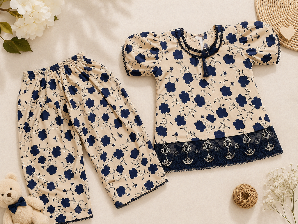 Children's floral outfit with top and pants on a light background
