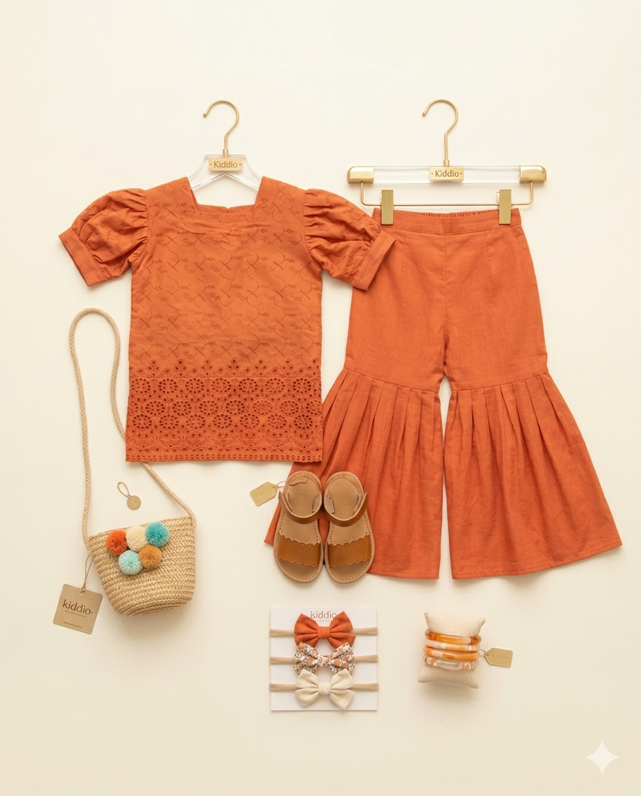 A coordinated children's outfit set laid flat on a light cream background, including an orange short-sleeve top with puff sleeves and lace trim, matching orange flared pants, tan sandals, a woven crossbody bag with pom-poms, a striped headband, a bow headband, and a small wristband.