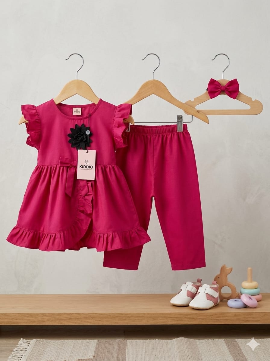 Pink children's outfit with top and pants on hangers, accompanied by baby shoes and toys on a shelf.
