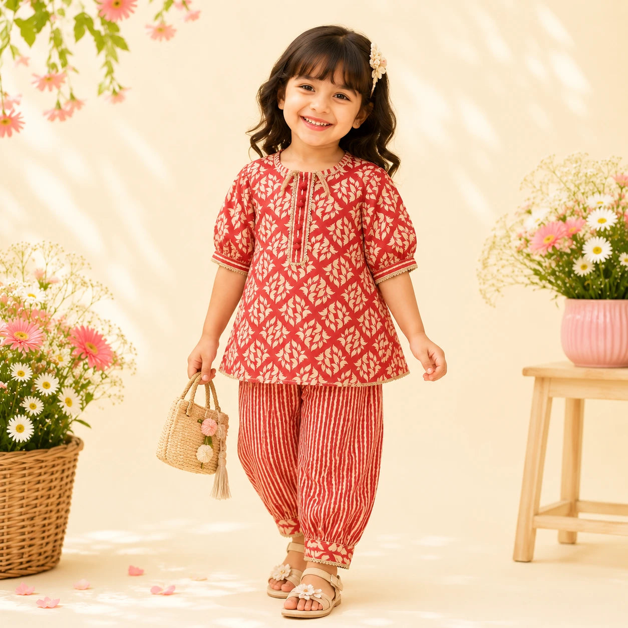 A young girl smiling and wearing a red and beige patterned kurta with matching red-and-beige striped pants, holding a small woven bag in a styled studio setting with flowers and a stool.