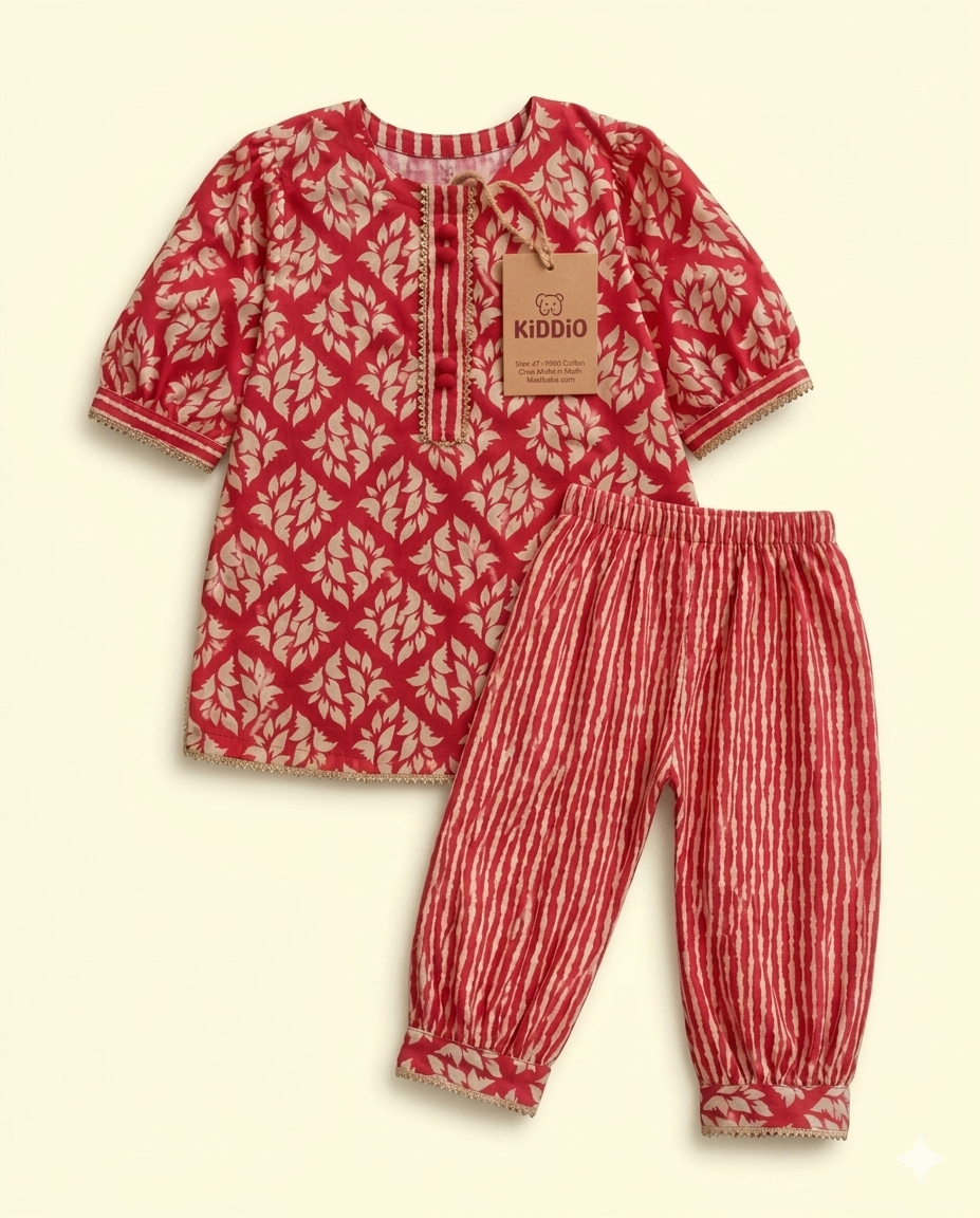 A two-piece baby outfit set by Kiddio, featuring a short-sleeve top with a red and cream geometric leaf pattern and matching patterned pants with vertical red and cream stripes, laid flat on a light cream background.
