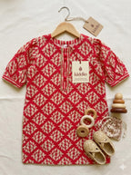 Girls Red and Cream Printed Lawn Set-1005