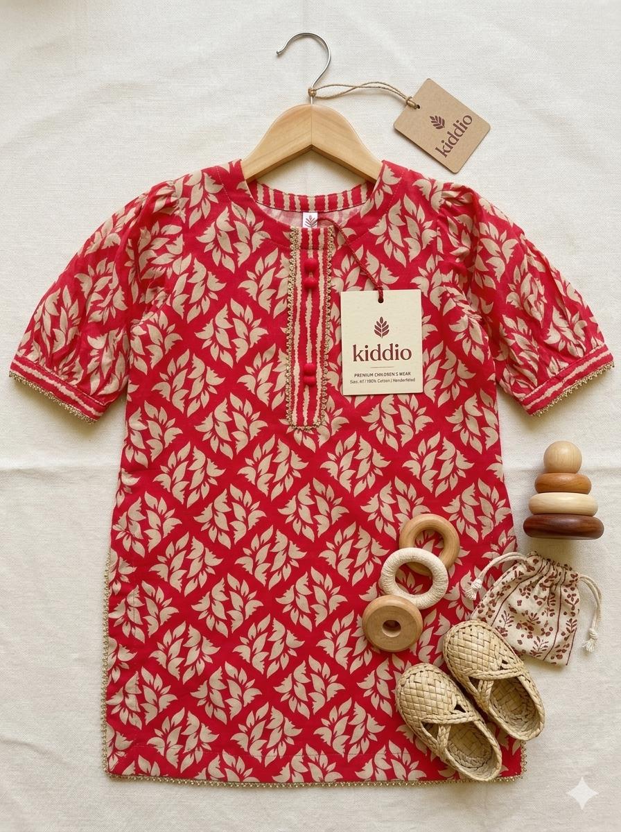 Girls Red and Cream Printed Lawn Set-1005