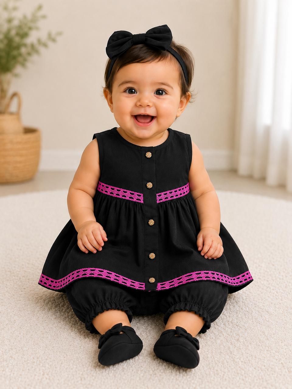 A baby girl sitting on a cream carpet wearing a black sleeveless romper with pink patterned trim, matching black pants, black socks, and a black bow headband.