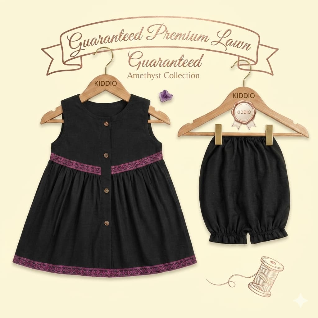 A two-piece baby outfit set from Kiddio, featuring a sleeveless black dress with purple patterned trim and button details, and matching black bloomers, displayed on wooden hangers against a light cream background with decorative text and illustrations.