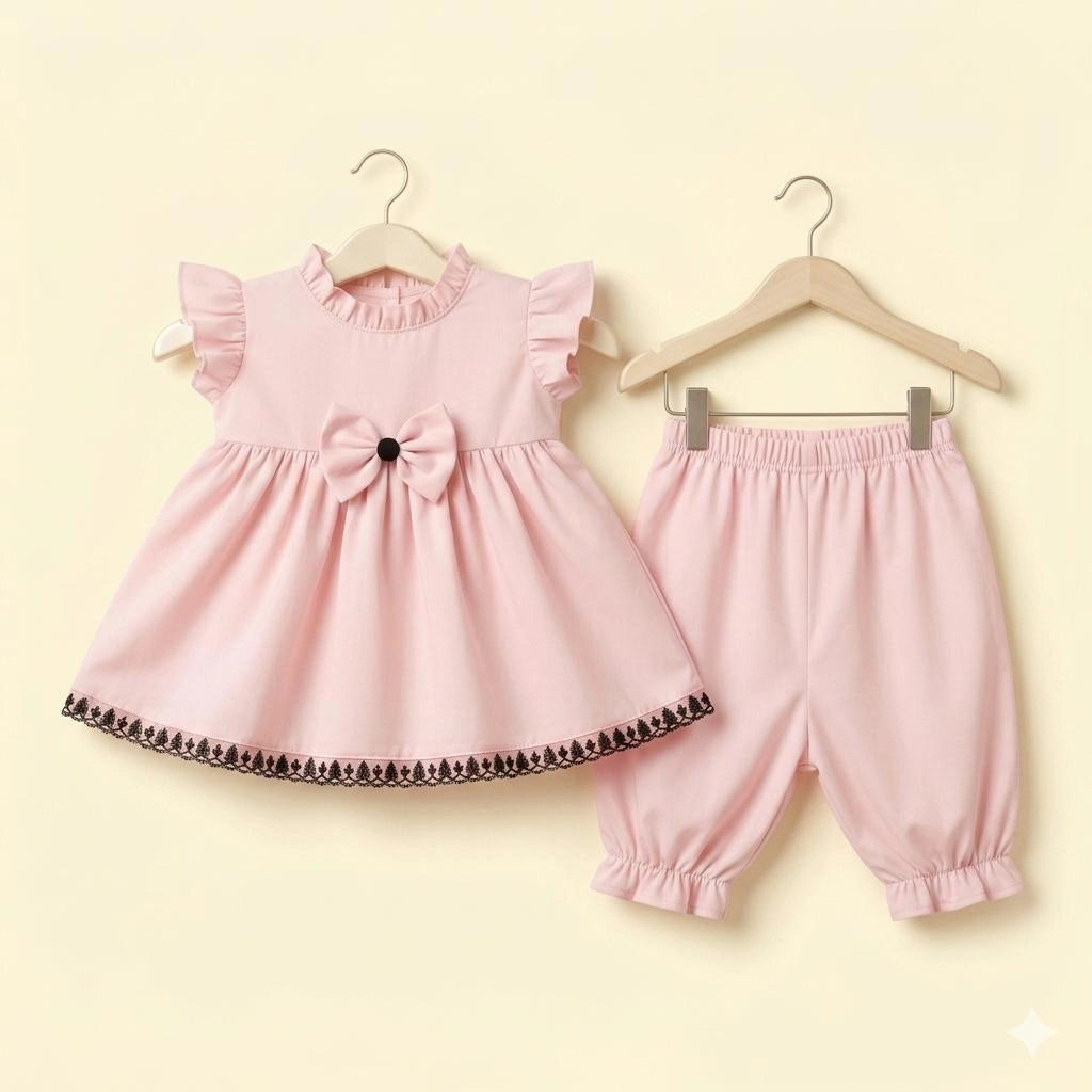 A baby girl's two-piece clothing set in light pink, hanging on wooden hangers against a pale yellow background. The set includes a sleeveless dress with ruffled shoulders, a large bow at the waist, and a decorative black lace hem, paired with matching elastic-waist and ruffled-leg pants.