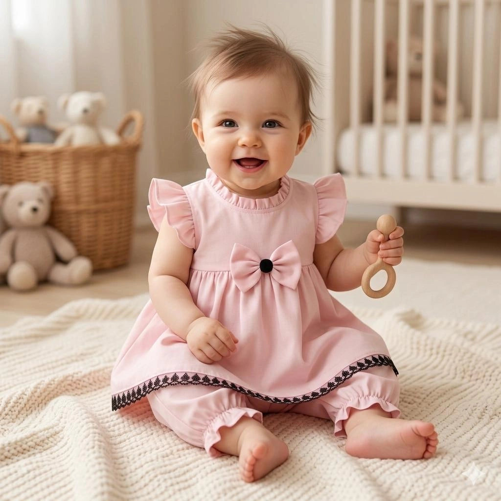 A baby girl sitting on a cream knit blanket in a nursery, wearing a light pink ruffle-sleeve dress with a large bow at the chest, a black embroidered hem, and matching pink ruffled pants. She is holding a wooden teething ring.