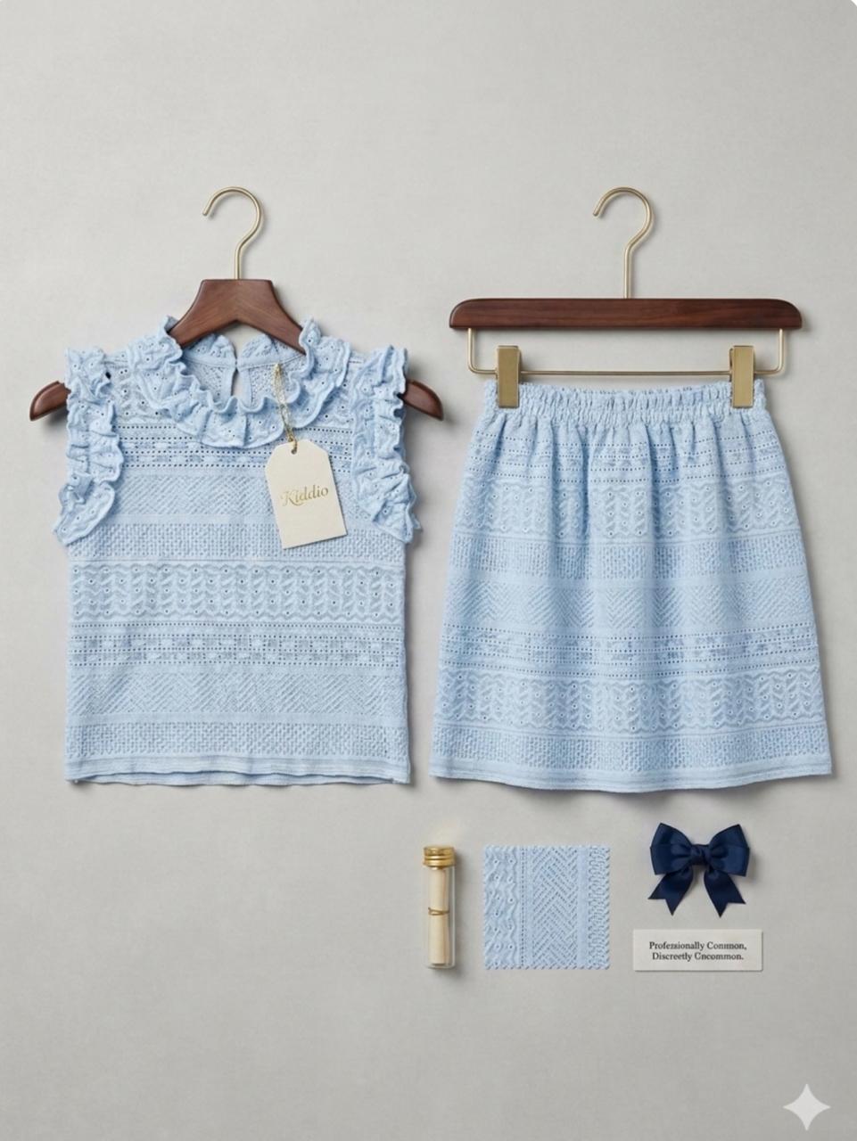 KIDDIO Baby Girls Light Blue Eyelet ChikanKari Ruffle Top & Skirt Set