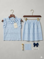KIDDIO Baby Girls Light Blue Eyelet ChikanKari Ruffle Top & Skirt Set