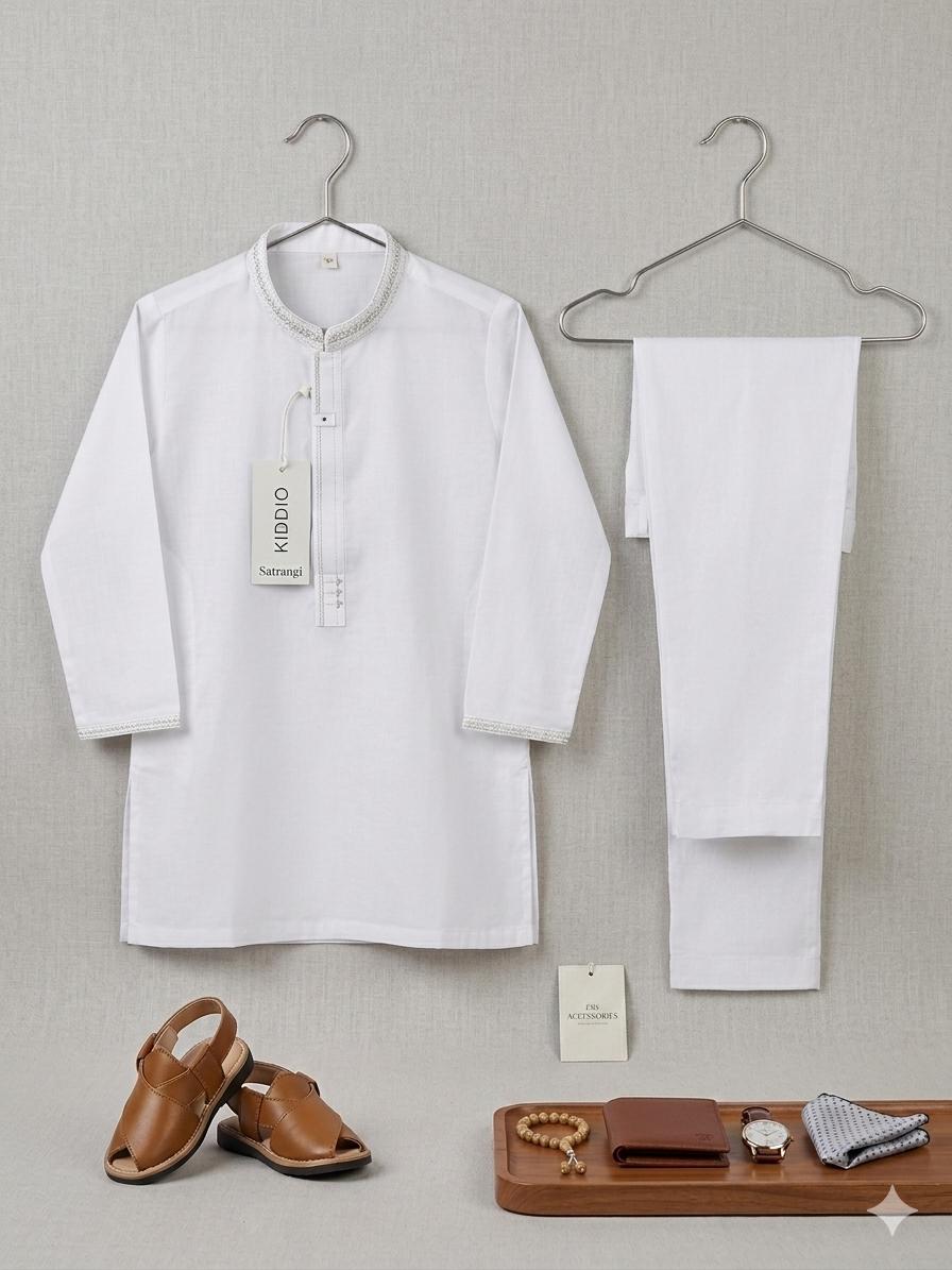 KIDDIO Premium Lawn Boys White Embordered Kurta & Shalwar Set