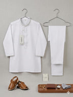 KIDDIO Premium Lawn Boys White Embordered Kurta & Shalwar Set