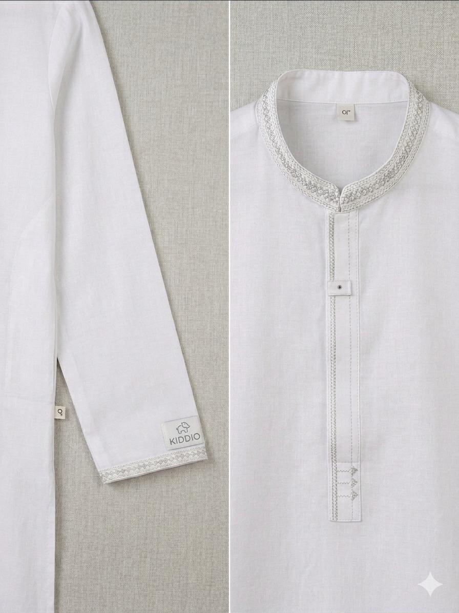 KIDDIO Premium Lawn Boys White Embordered Kurta & Shalwar Set