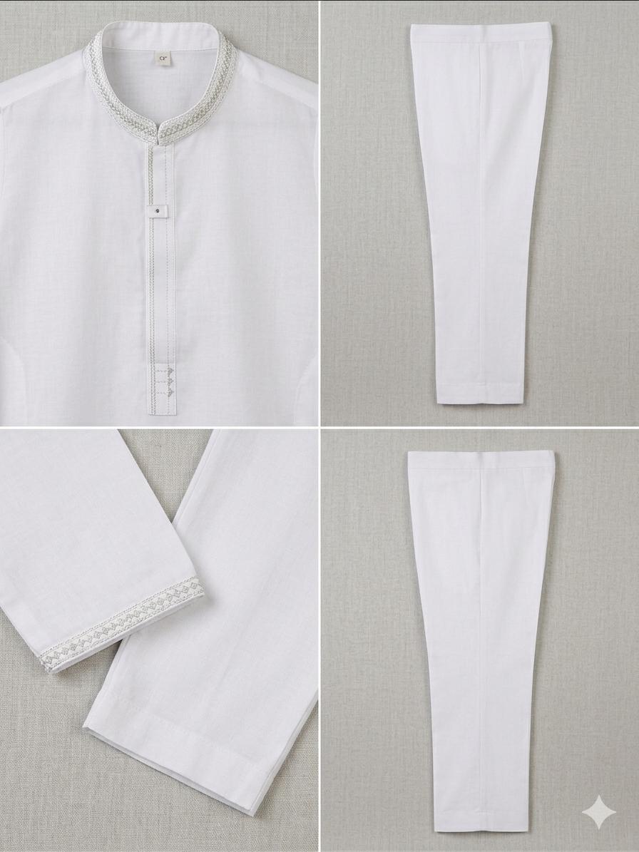 KIDDIO Premium Lawn Boys White Embordered Kurta & Shalwar Set