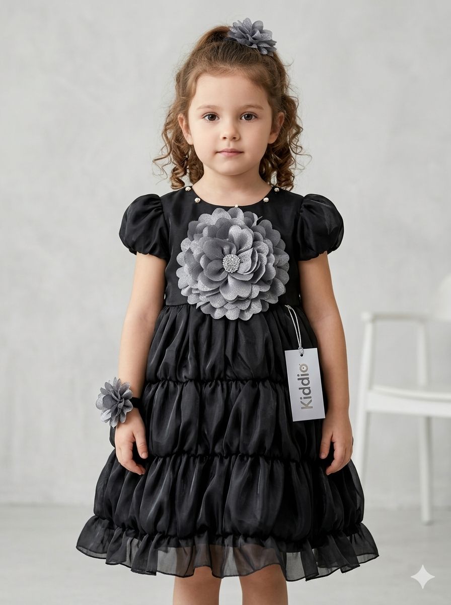 Girls Elegant Black Tiered Party Dress with Grey Flower