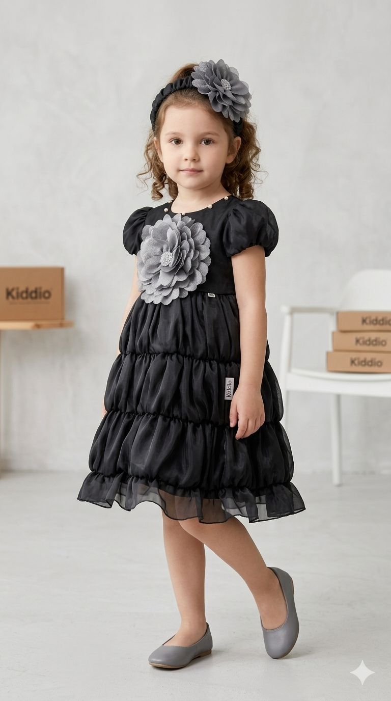 Girls Elegant Black Tiered Party Dress with Grey Flower