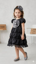 Girls Elegant Black Tiered Party Dress with Grey Flower