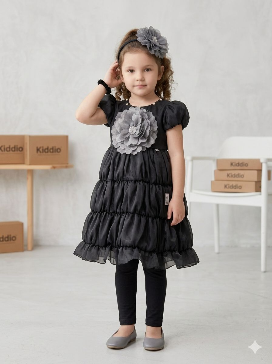 Girls Elegant Black Tiered Party Dress with Grey Flower