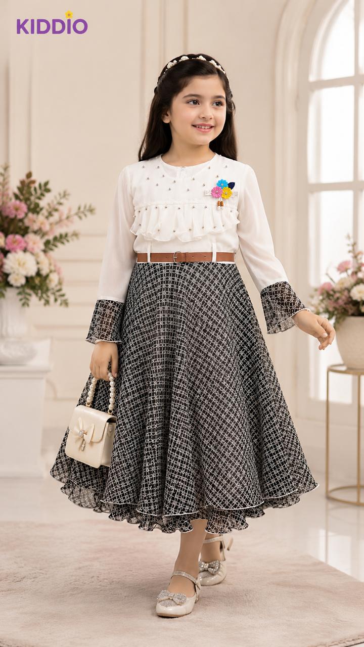 Girl's Elegant Monochrome Floral Pearl Party Dress