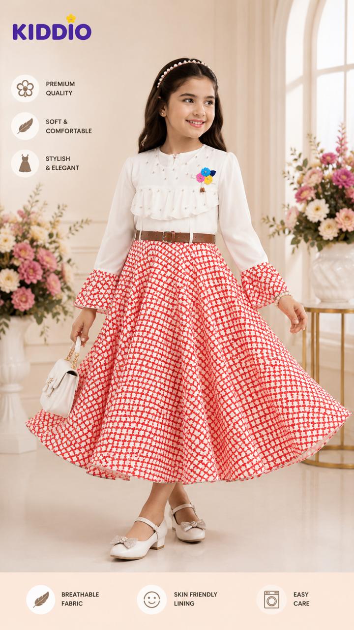 Girl's Elegant Monochrome Floral Pearl Party Dress