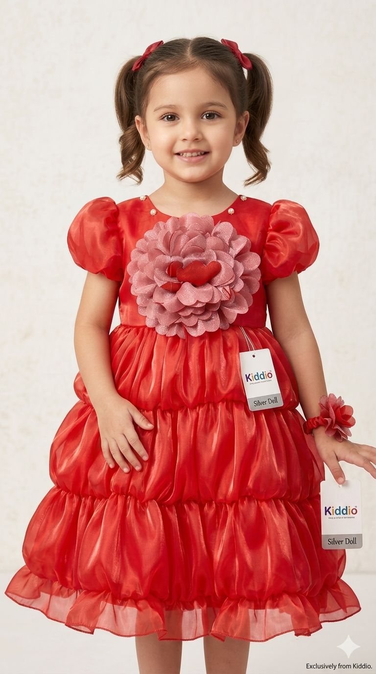 Girls Elegant Black Tiered Party Dress with Grey Flower