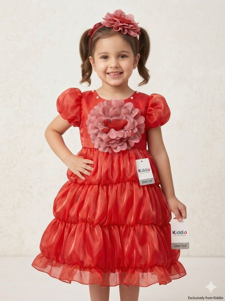Girls Elegant Black Tiered Party Dress with Grey Flower