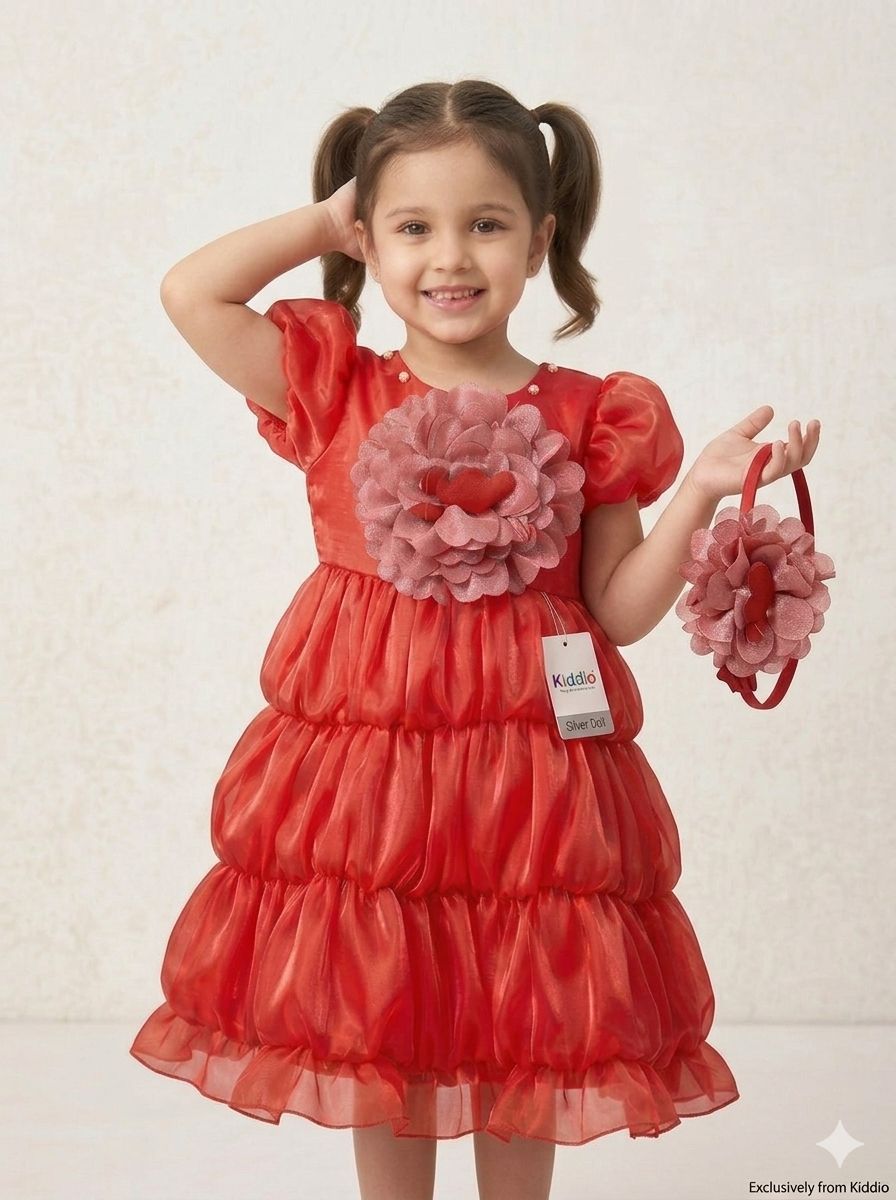 Girls Elegant Black Tiered Party Dress with Grey Flower