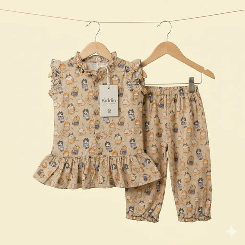 A two-piece children's outfit set on wooden hangers against a solid cream background. The set includes a sleeveless ruffled top and matching pants in a beige base fabric with a playful print of owls, cupcakes, and small animals.