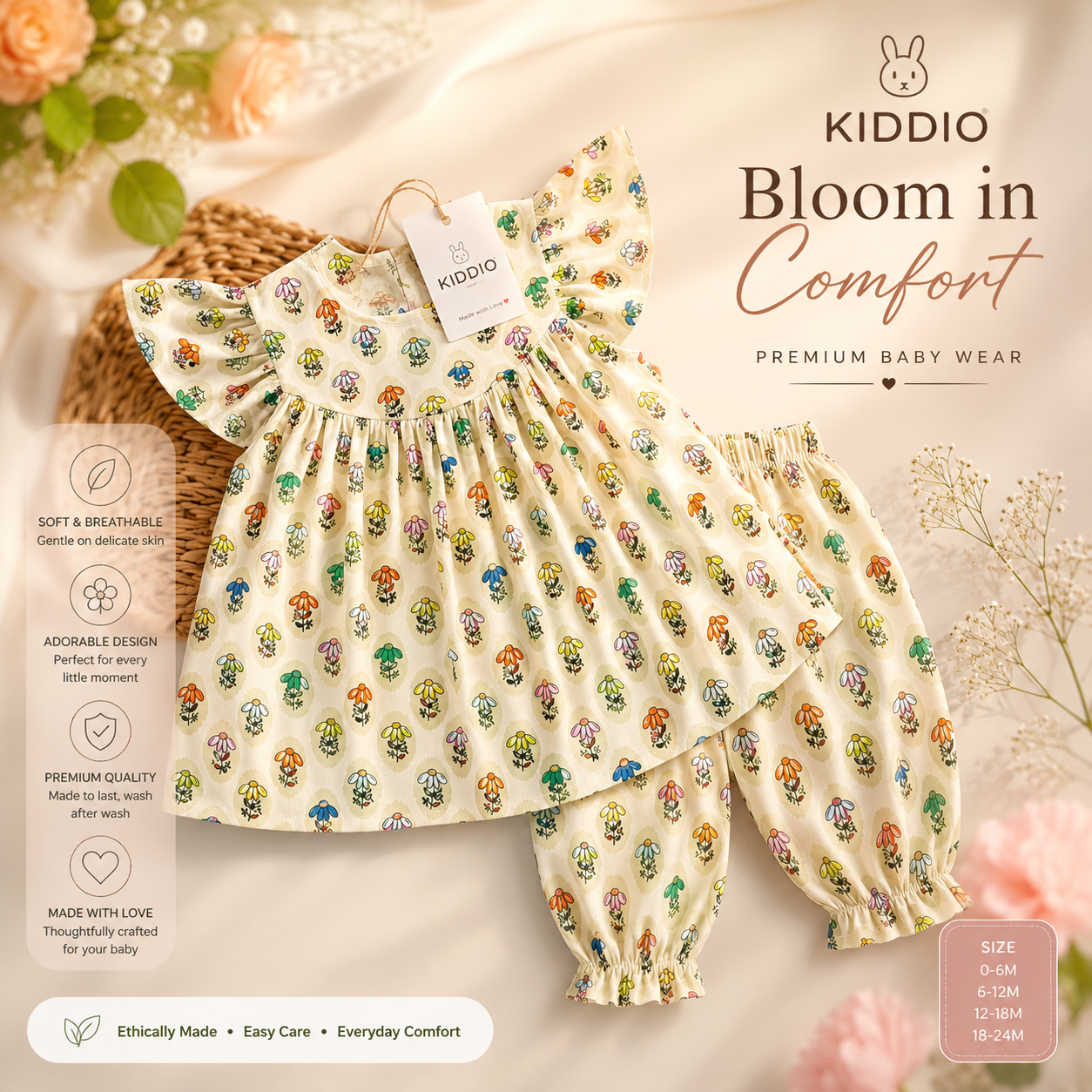 A baby girl's two-piece outfit set from Kiddio, featuring a cream-colored top and matching pants covered in a colorful floral pattern, displayed on a wicker basket with promotional text overlays.