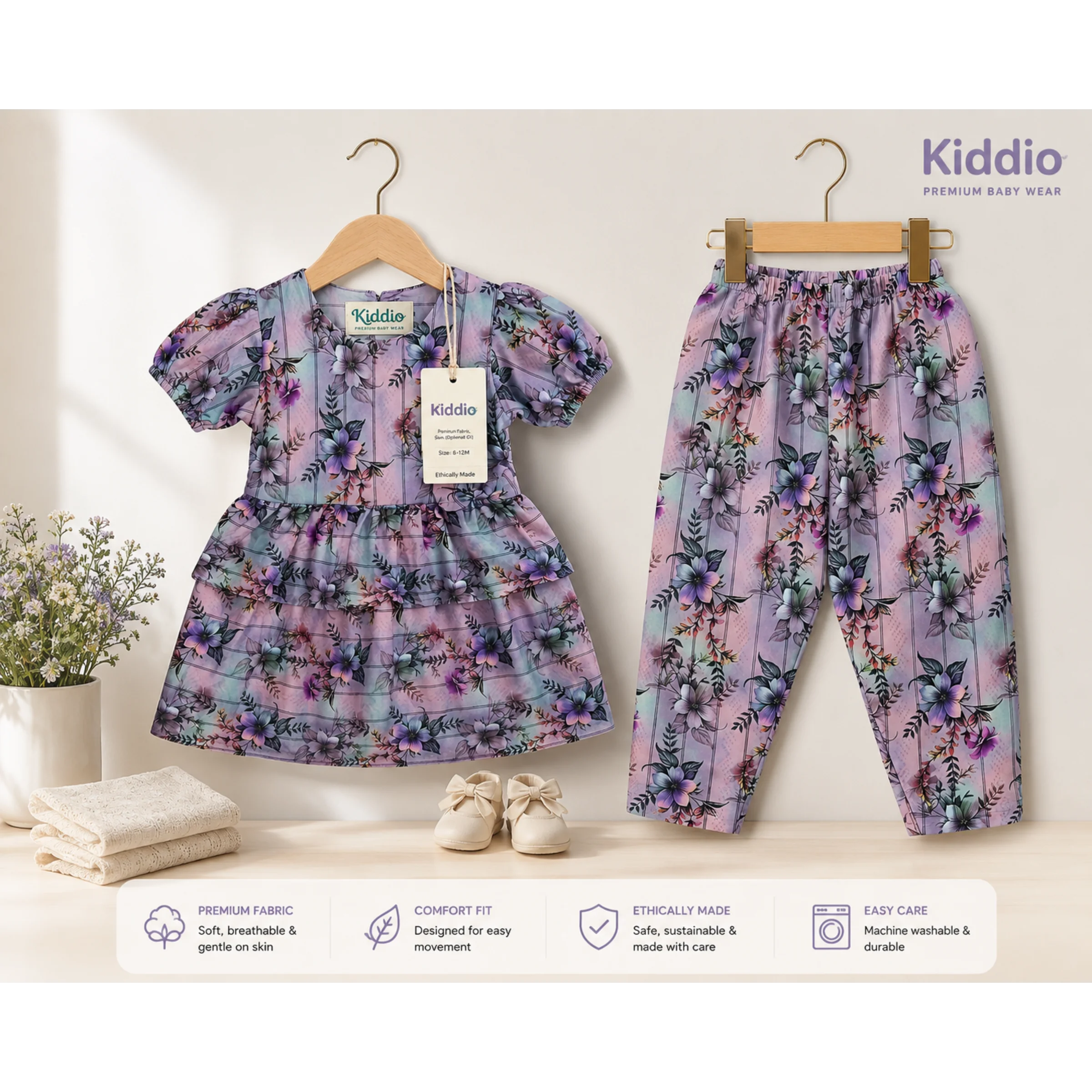 A children's two-piece outfit set from Kiddio, featuring a short-sleeve dress and matching pants with a purple and blue floral print on a light background. The set is displayed on wooden hangers on a light beige background with decorative props like a small plant, folded fabric, and baby shoes.