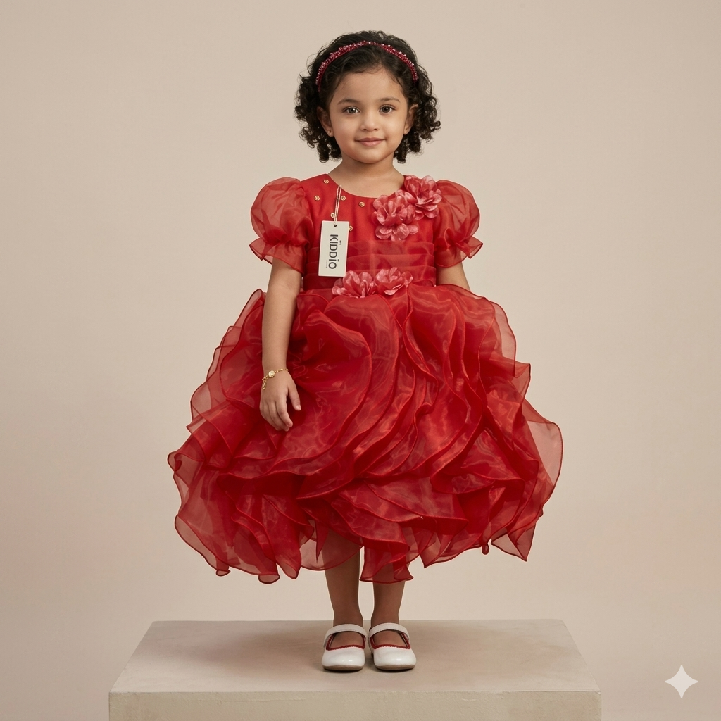 Girl's Elegant Ruffled Red Party Dress