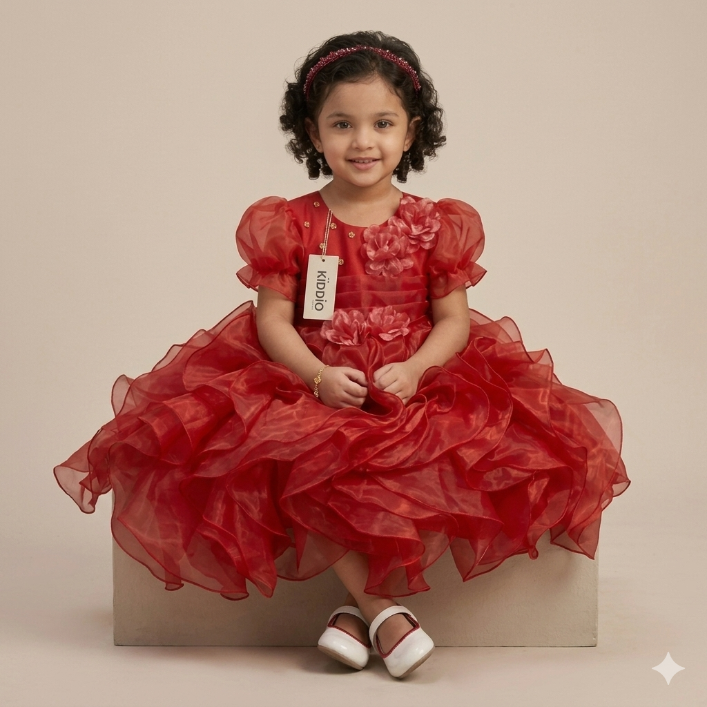 Girl's Elegant Ruffled Red Party Dress