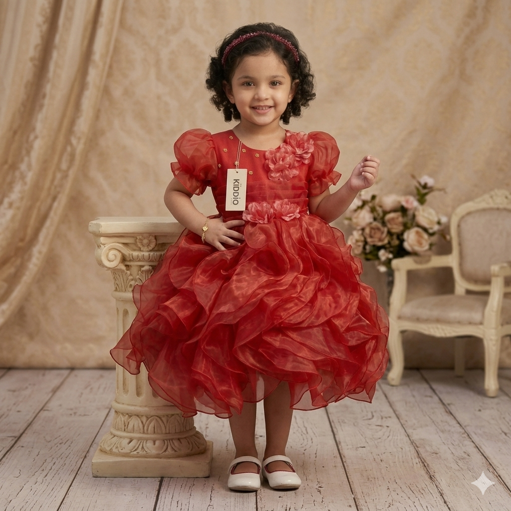 Girl's Elegant Ruffled Red Party Dress
