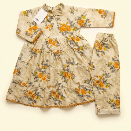 A baby girl's two-piece outfit set consisting of a long-sleeve tunic top and matching pants, featuring an orange and gray floral pattern on a beige background, laid flat on a cream-colored surface.