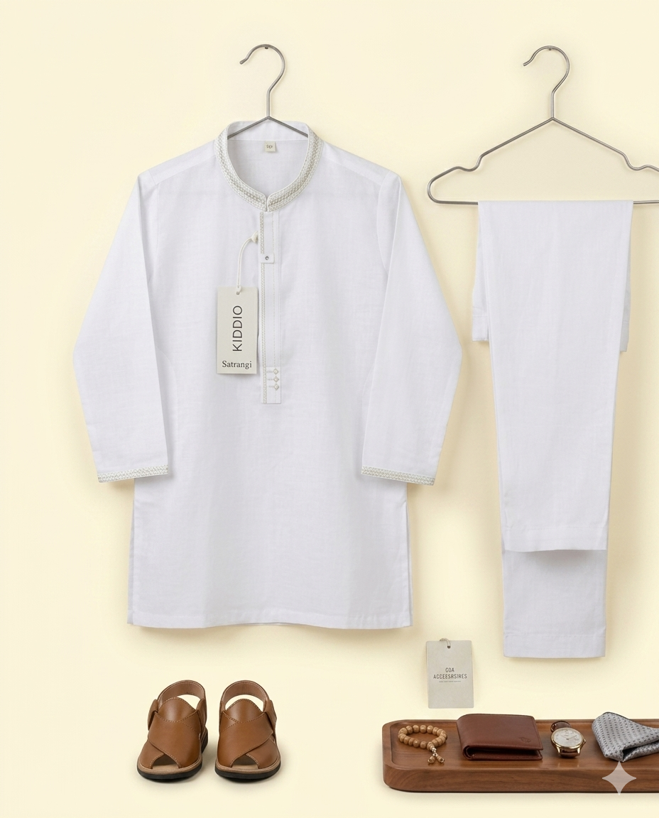 KIDDIO Premium Lawn Boys White Embordered Kurta & Shalwar Set